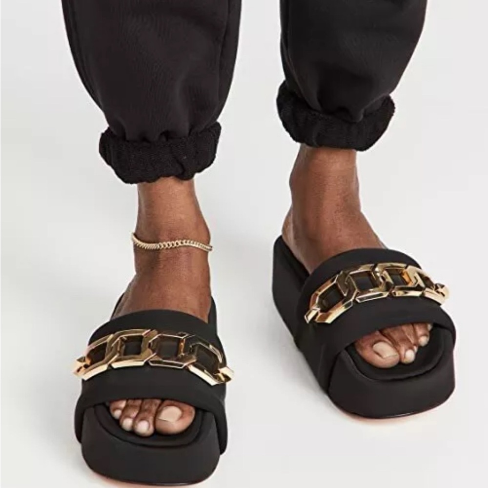 Sz 12 Good American Black and Gold Chain Slide Sandals
